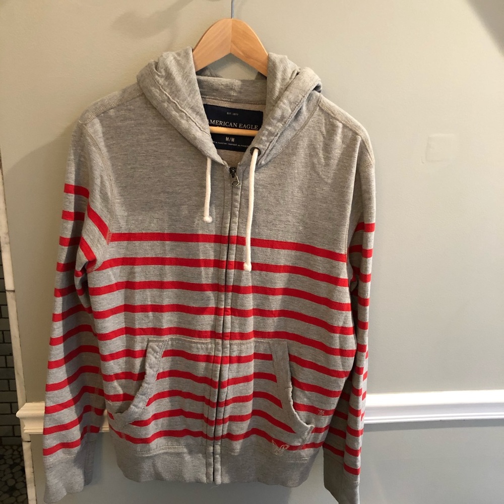 Gray with red stripes American Eagle hoodie